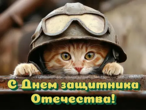 С Днем защитника прикольные — открытка с 23 февраля с котом