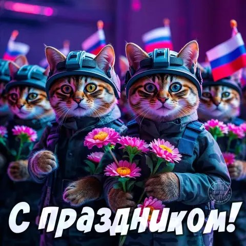 С Днем защитника отечества кот — открытка с 23 февраля с котом