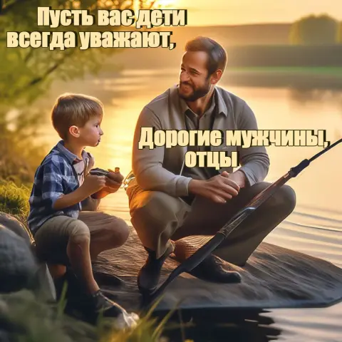 Отец и сын с удочками на рыбалке — с день отца