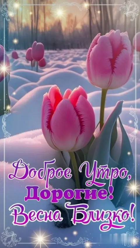 Открытка доброе утро — тюльпаны под снегом