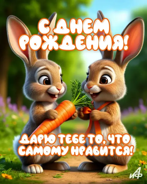 Открытки С Днем рождения прикольные — кролик с морковкой