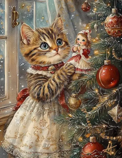 Кошка украшает елку — новогодние открытки с котами